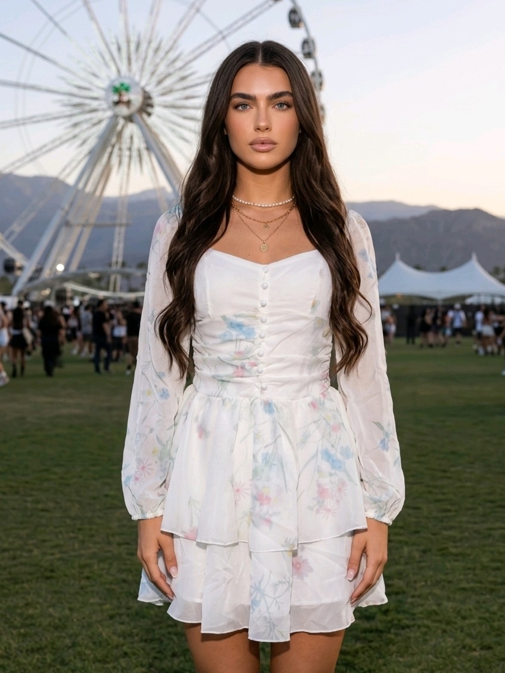 White Floral Long-Sleeve Ruffled Midi Dress With Necklace